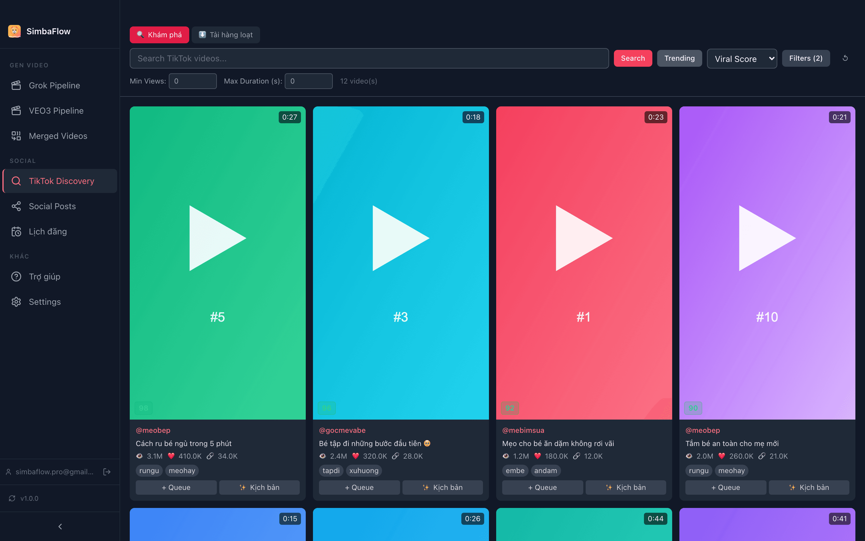 Màn hình TikTok Discovery — tìm kiếm, lọc video TikTok trend và tạo kịch bản bằng AI