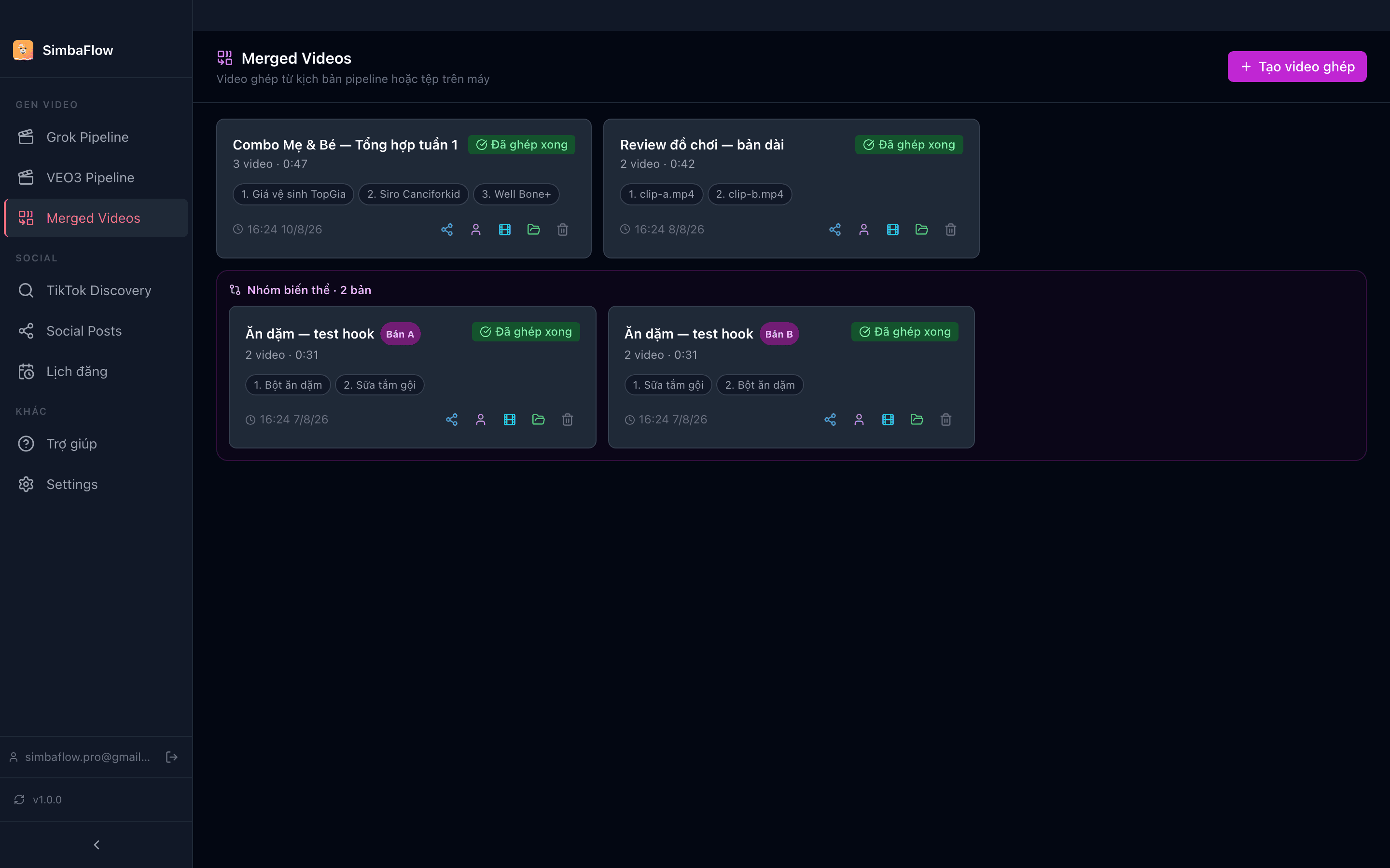 Màn hình Merged Videos — ghép video từ nhiều kịch bản và tạo biến thể A/B