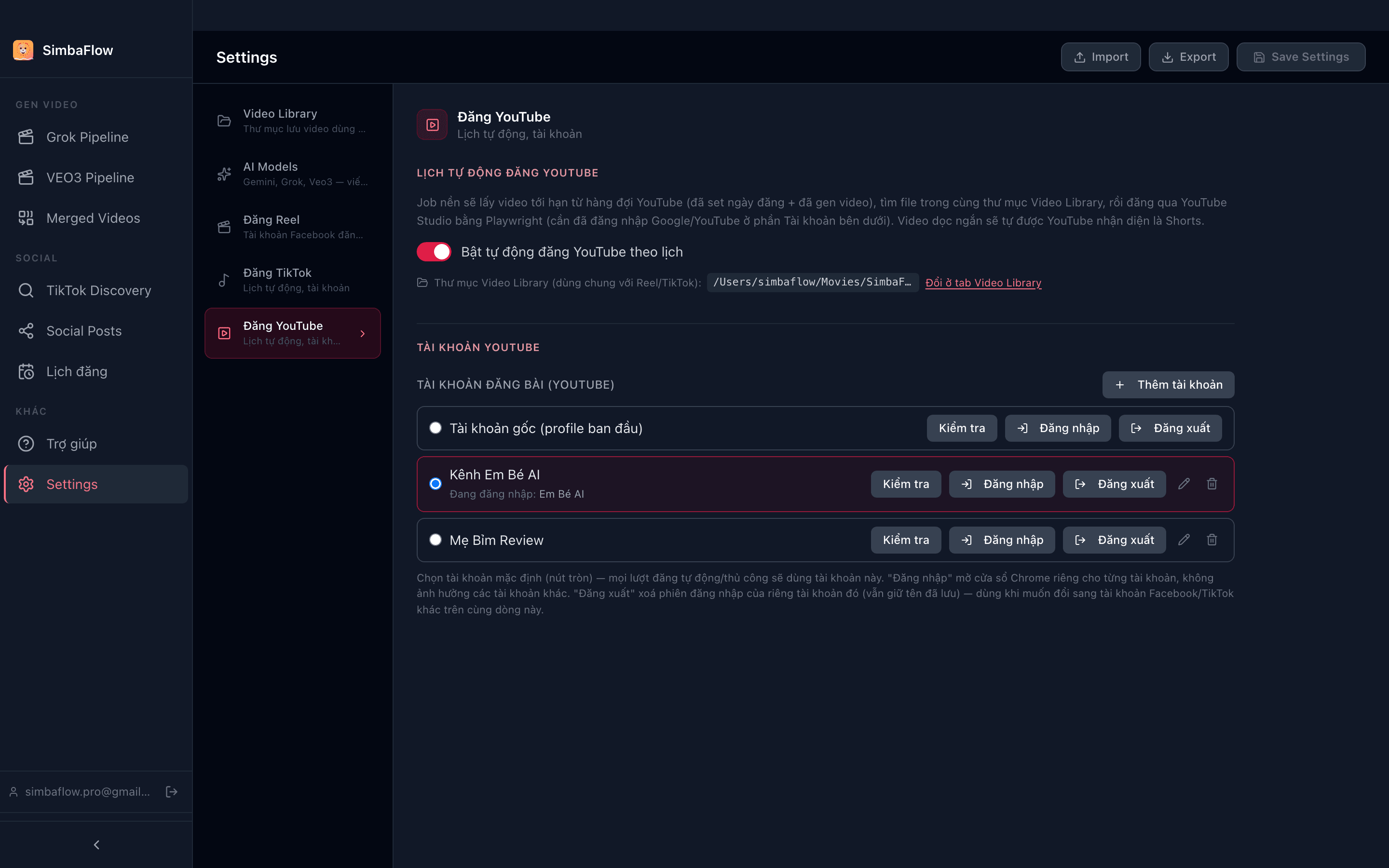 Màn hình Settings của SimbaFlow — Video Library, AI Models, và các mục đăng Reel/TikTok/YouTube